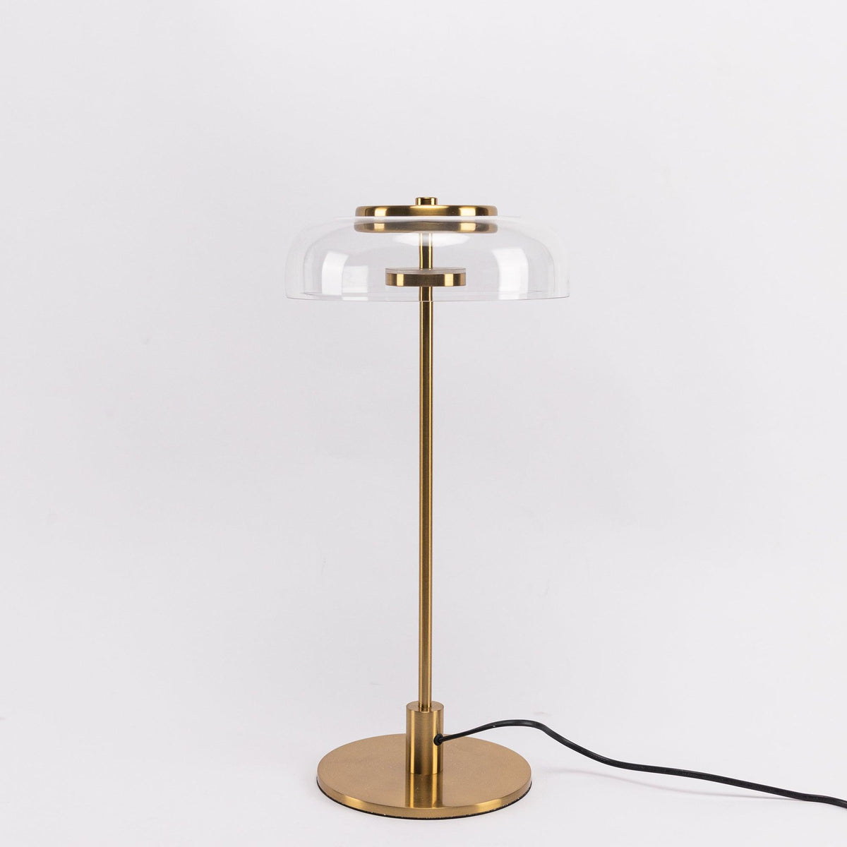 Rinelette lámpara de mesa con pantalla de vidrio transparente y base de madera