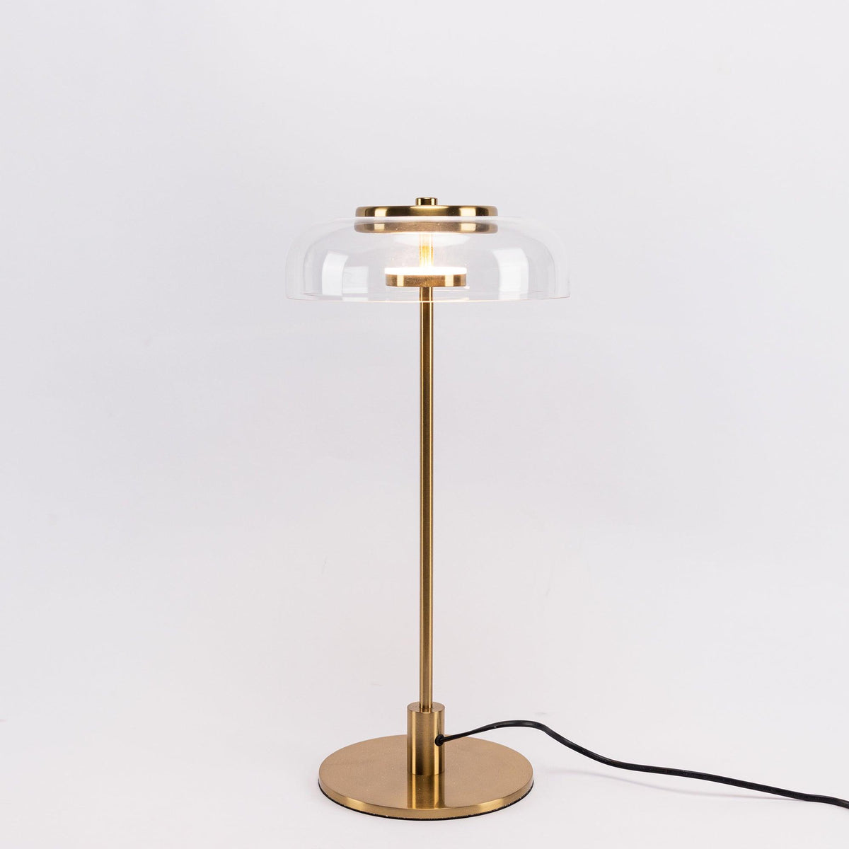 Rinelette lámpara de mesa con pantalla de vidrio transparente y base de madera