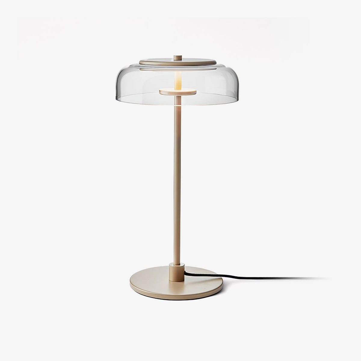 Rinelette lámpara de mesa con pantalla de vidrio transparente y base de madera
