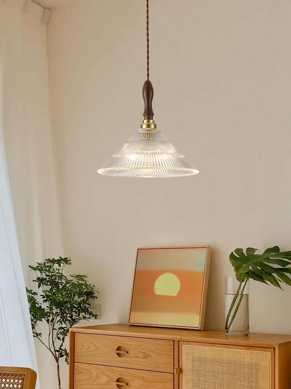Arcara lámpara colgante Vintage de vidrio y madera con efecto efecto ondulado
