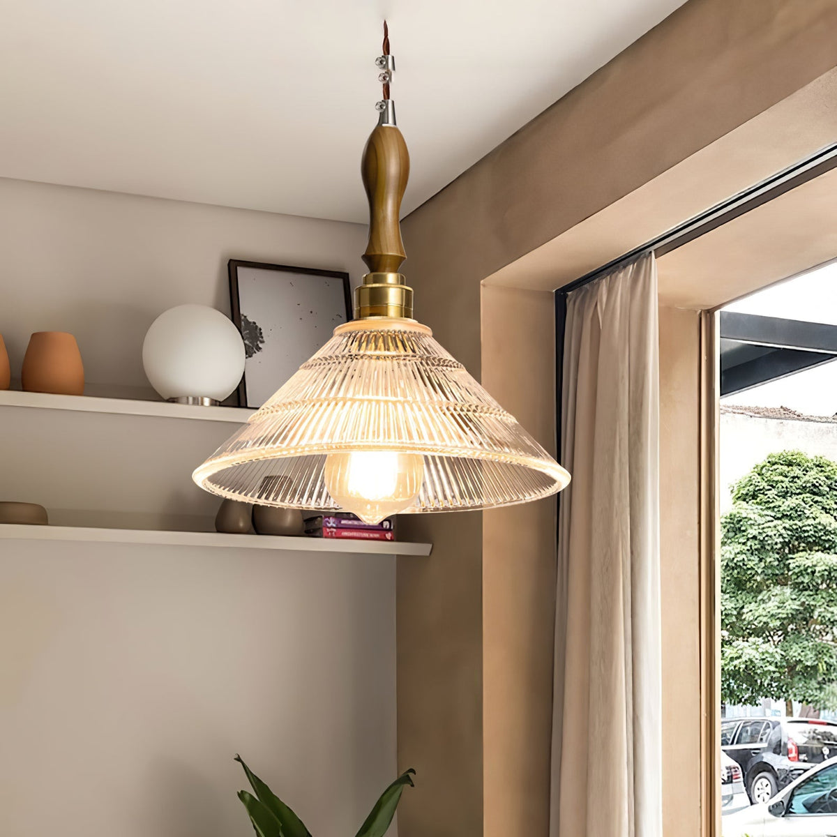 Arcara lámpara colgante Vintage de vidrio y madera con efecto efecto ondulado