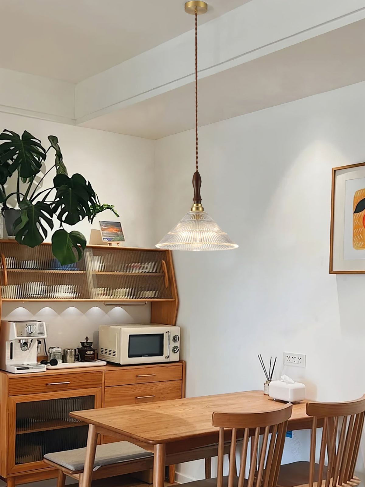Arcara lámpara colgante Vintage de vidrio y madera con efecto efecto ondulado