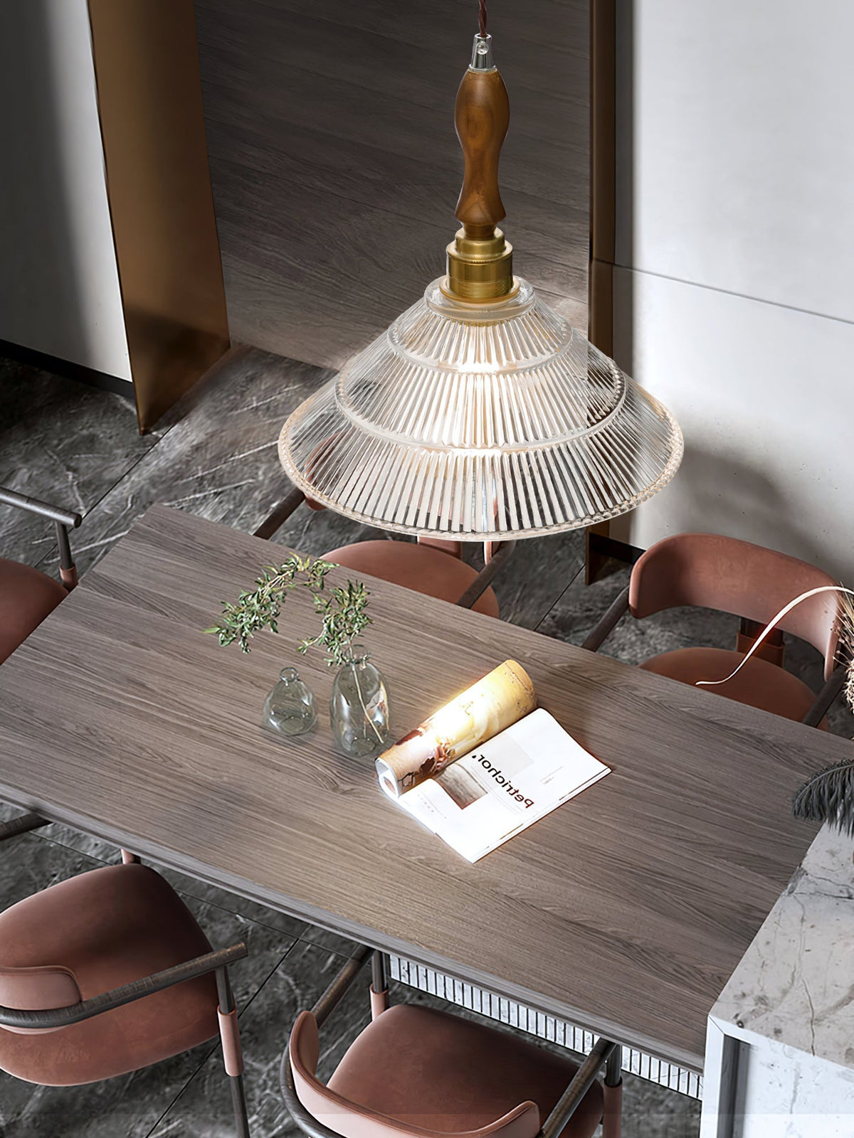 Arcara lámpara colgante Vintage de vidrio y madera con efecto efecto ondulado