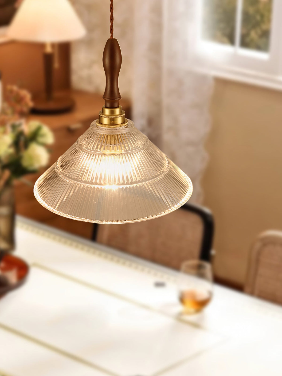 Arcara lámpara colgante Vintage de vidrio y madera con efecto efecto ondulado