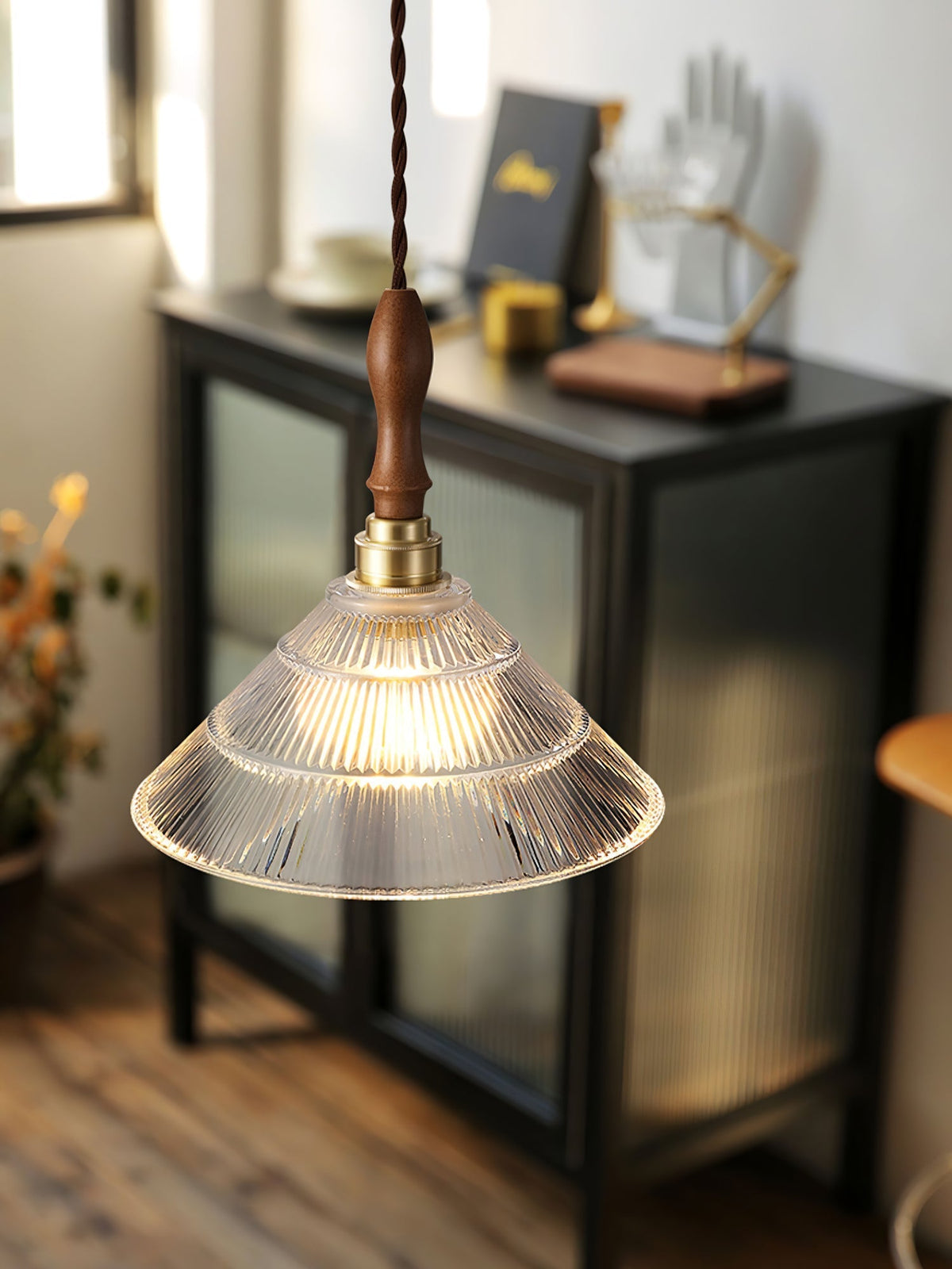 Arcara lámpara colgante Vintage de vidrio y madera con efecto efecto ondulado