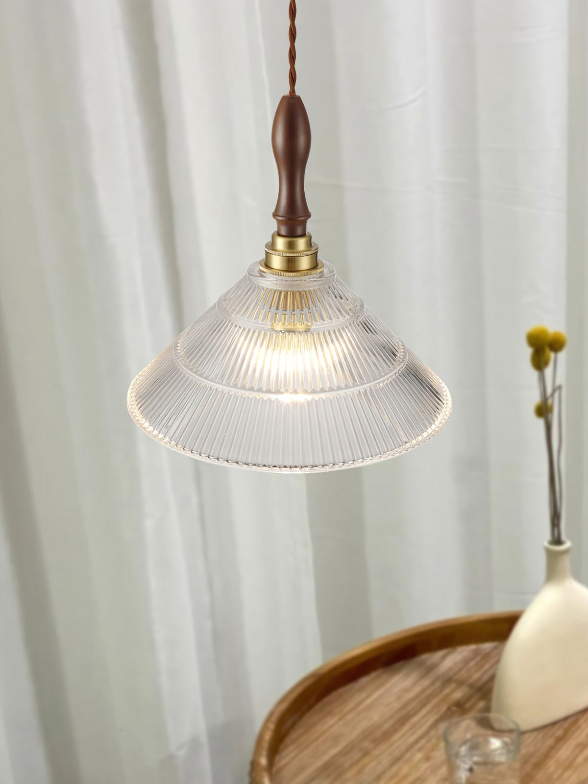 Arcara lámpara colgante Vintage de vidrio y madera con efecto efecto ondulado