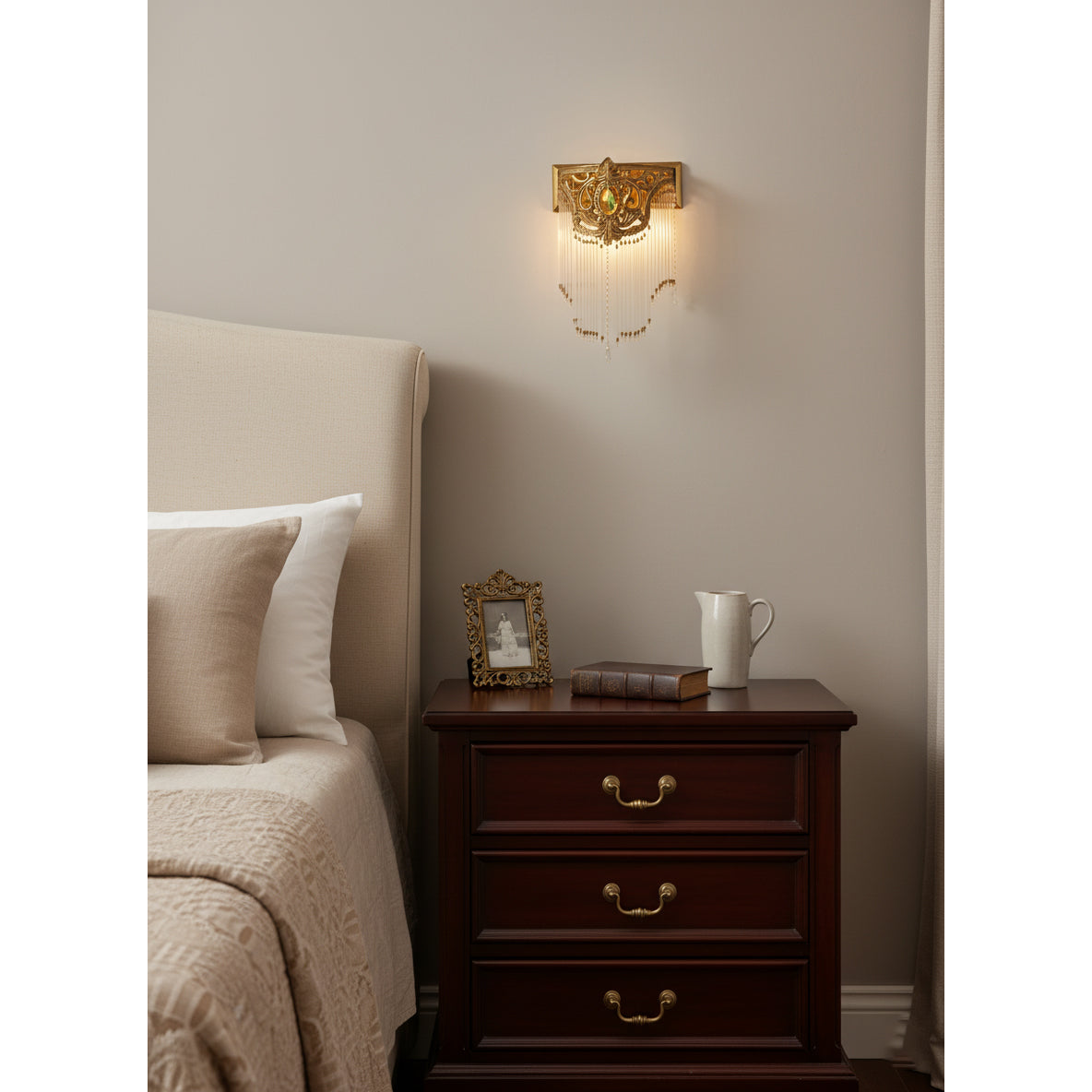 Bow aplique de pared Tie con franja de cristal dorado