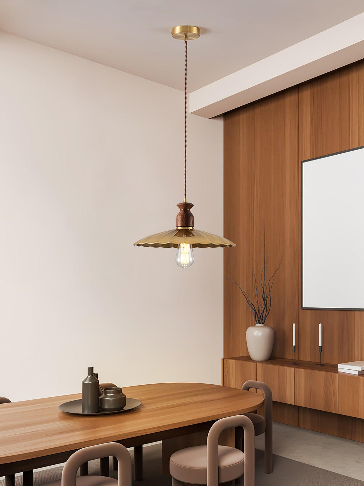 Qior lámpara colgante de latón clásico, elegancia y cresta en madera