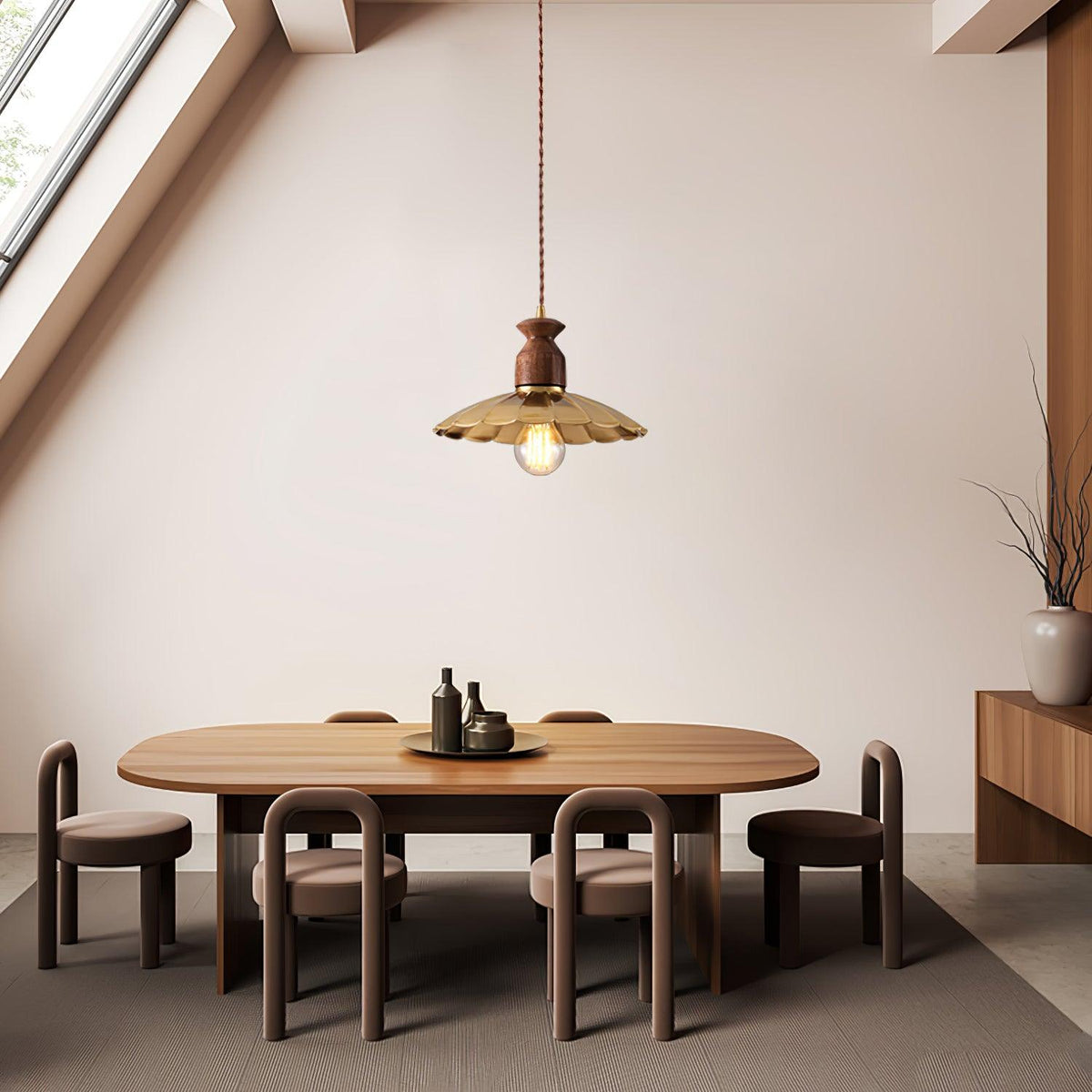 Qior lámpara colgante de latón clásico, elegancia y cresta en madera
