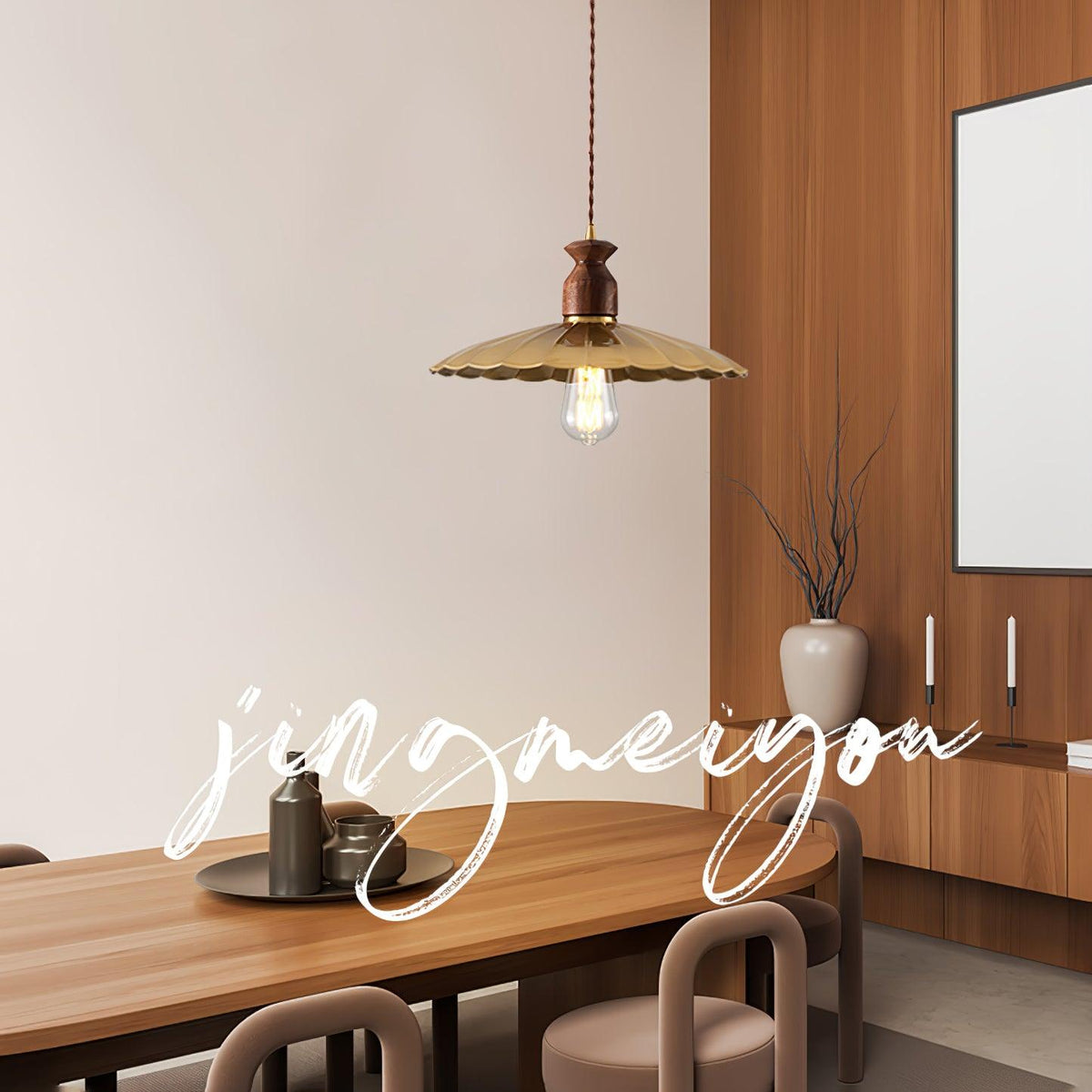 Qior lámpara colgante de latón clásico, elegancia y cresta en madera