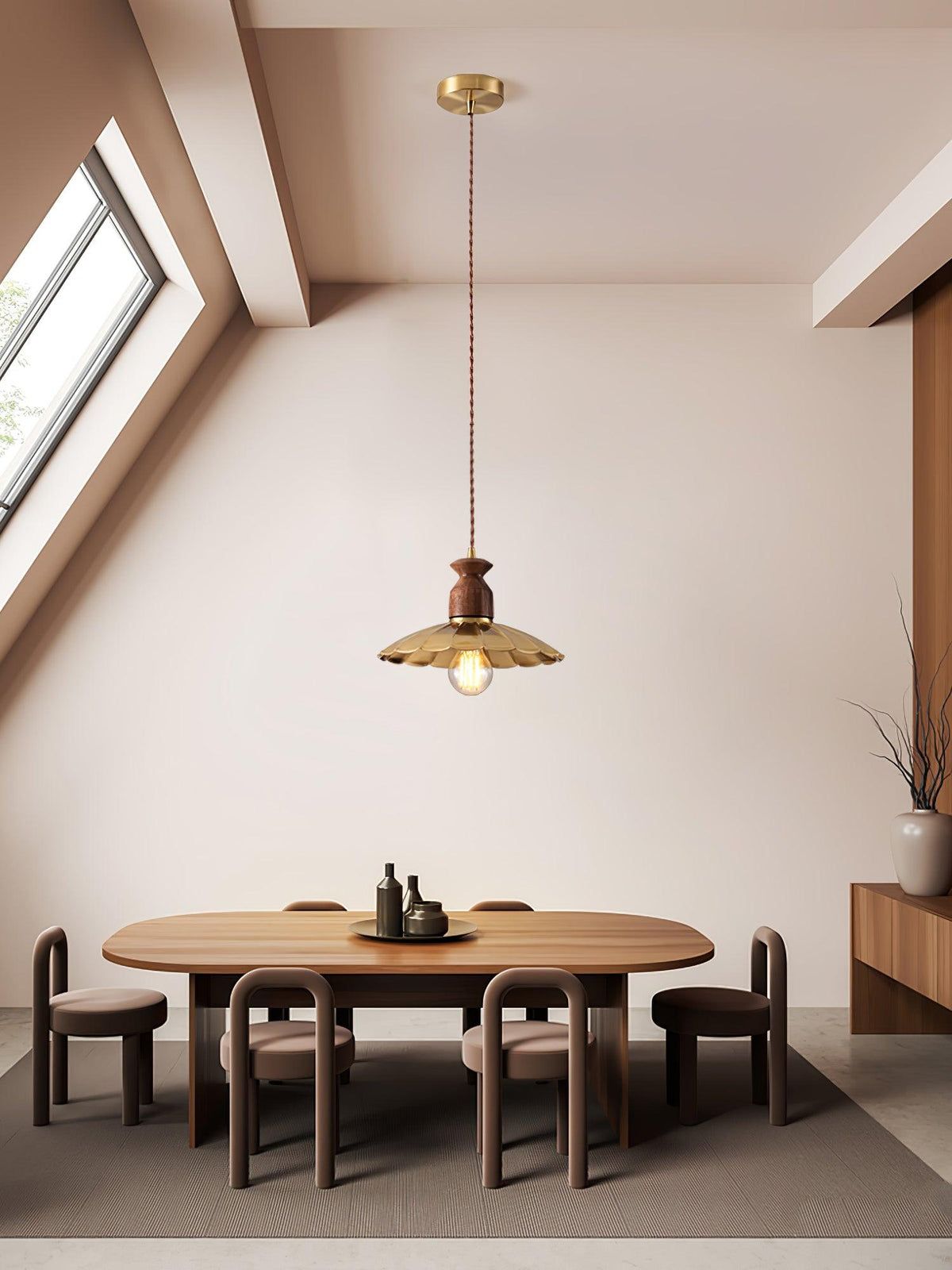 Qior lámpara colgante de latón clásico, elegancia y cresta en madera