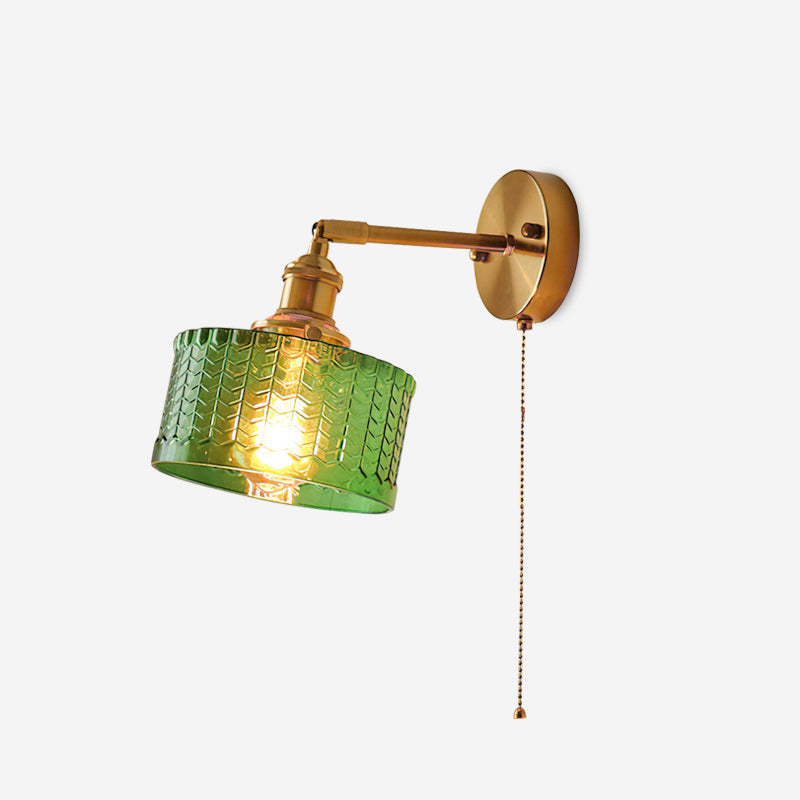 Rilo aplique de pared de latón con pantalla de vidrio verde/transparente y cadena de extracción