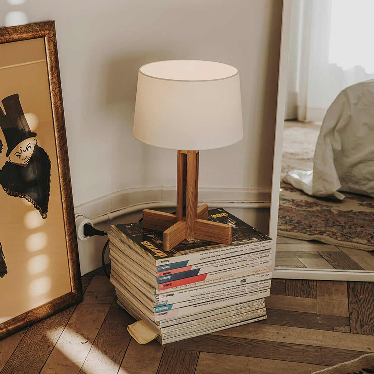 Rinivena lámpara de mesa contemporánea de madera y tejido