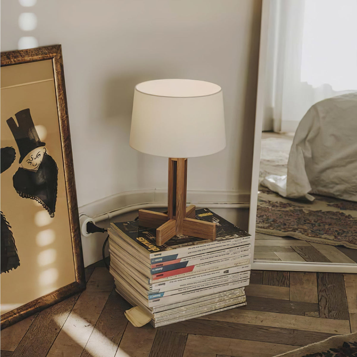 Rinivena lámpara de mesa contemporánea de madera y tejido