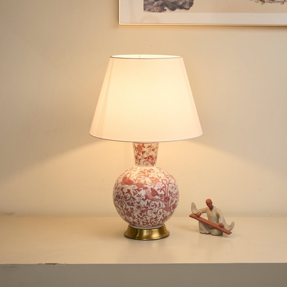 Coral lámpara de mesa con patrón floral de pájaro en cerámica