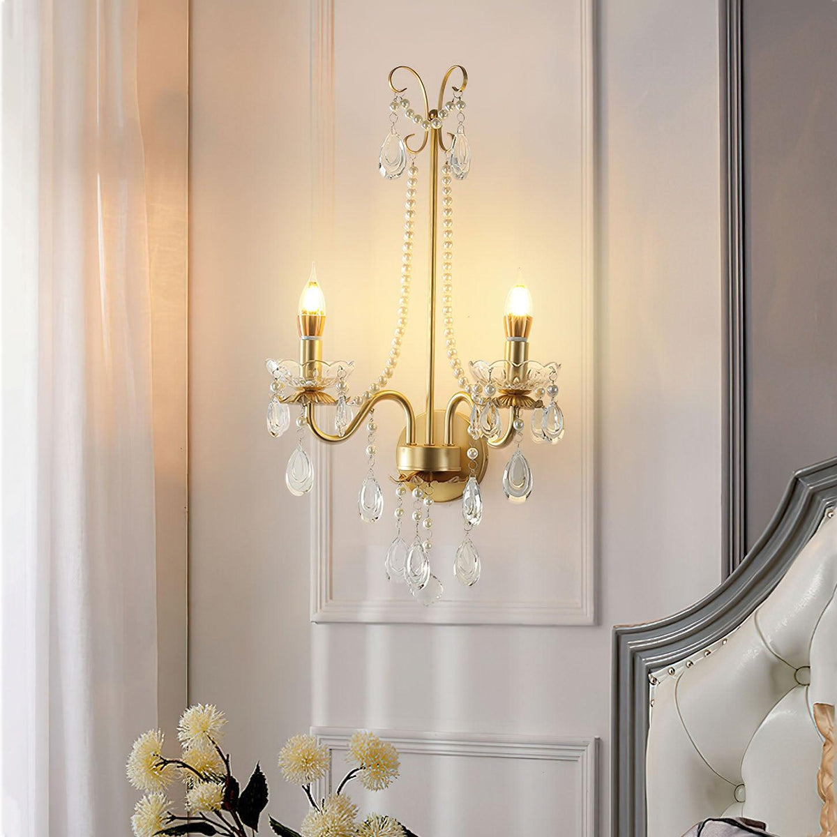Nydoraris aplique de pared elegancia Pearl Chain de cristal