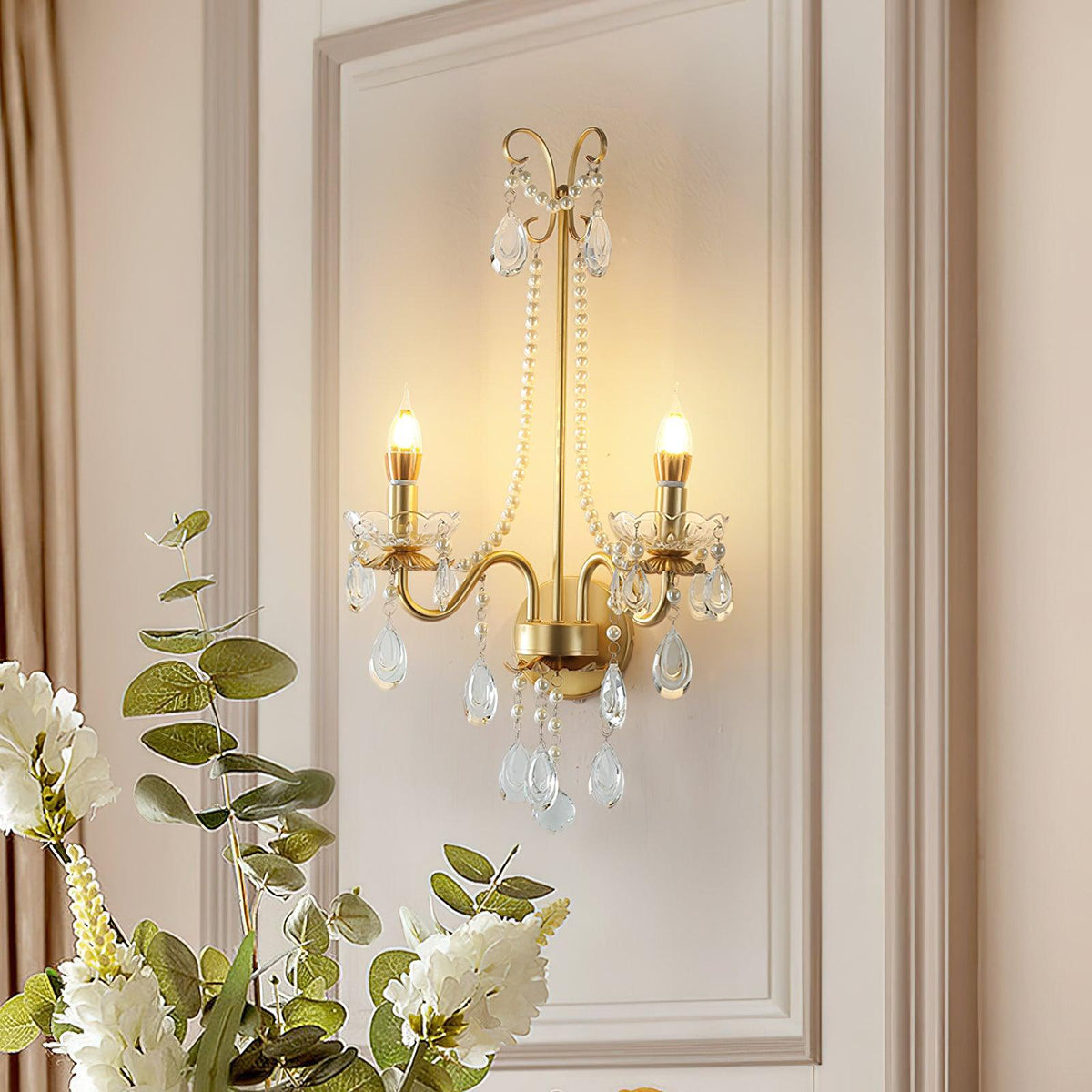 Nydoraris aplique de pared elegancia Pearl Chain de cristal