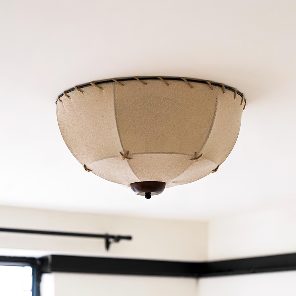 Lámpara de techo cúpula tejida a mano en madera y tejido rústico
