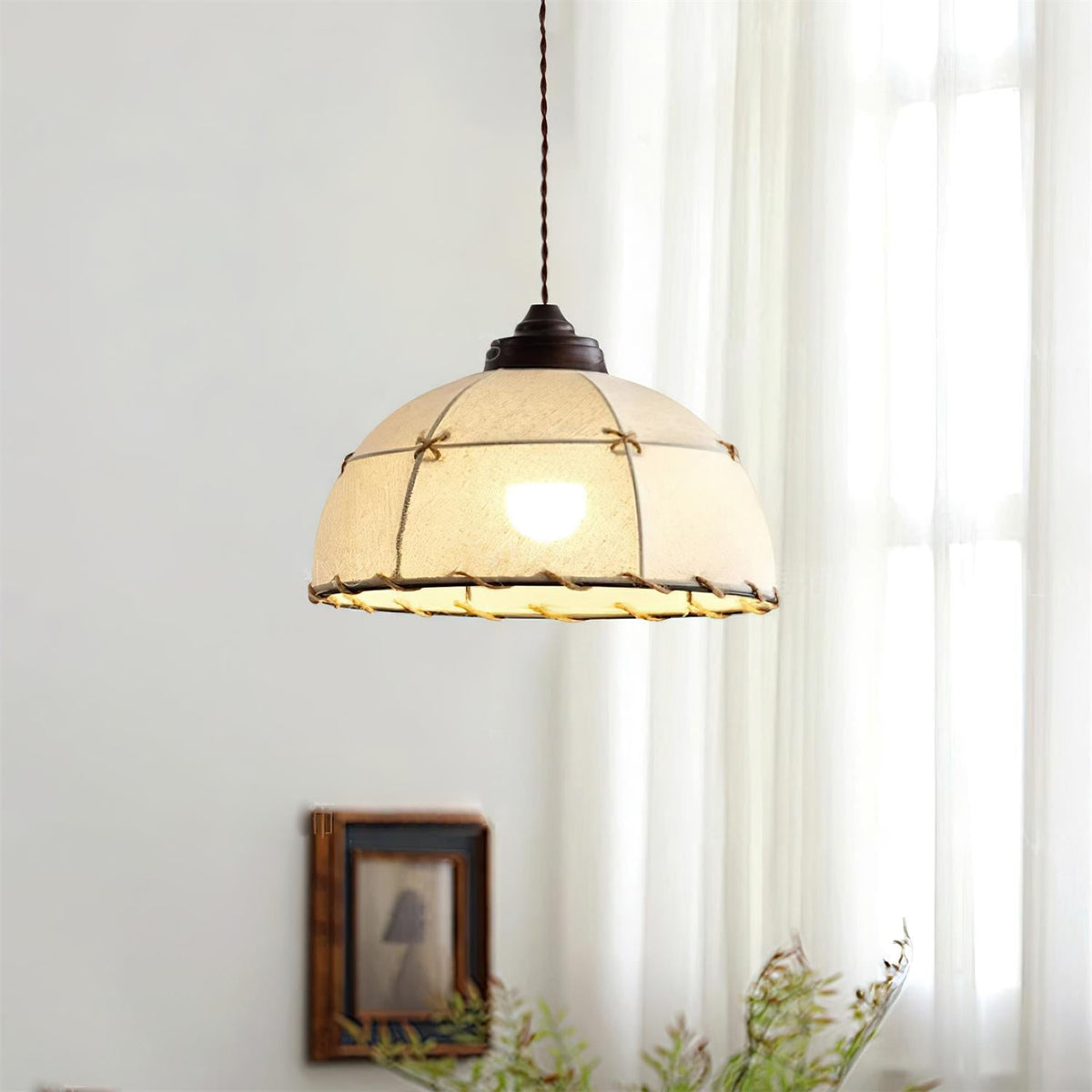 Lámpara colgante de tejido cúpula vintage minimalista con luz suave