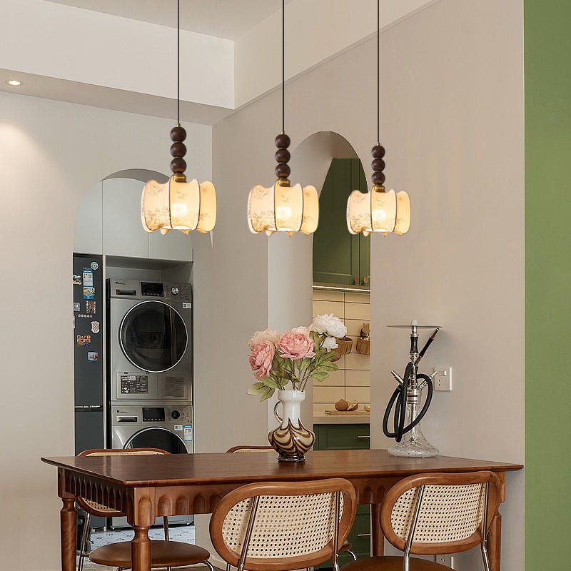 Avshaara lámpara colgante de elegancia tradicional y estilo vintage con pantalla de tejido y estructura de madera