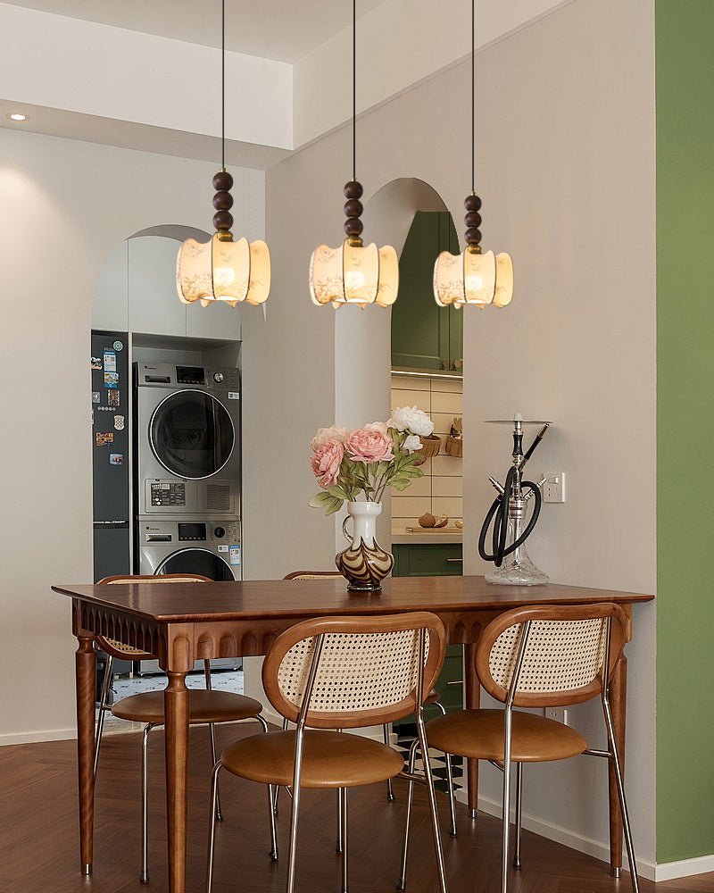 Avshaara lámpara colgante de elegancia tradicional y estilo vintage con pantalla de tejido y estructura de madera