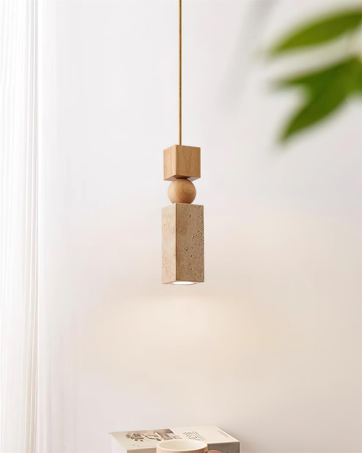 Lámpara Colgante Geométrica de Madera y Travertino Minimalista Nórdica