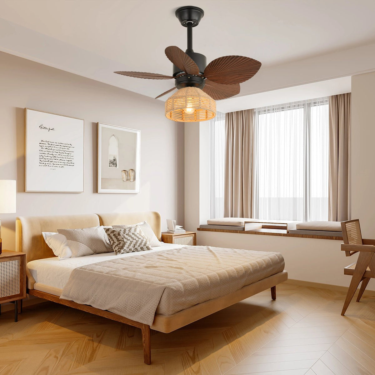 Rivora ventilador de techo con luz de ratán tropical