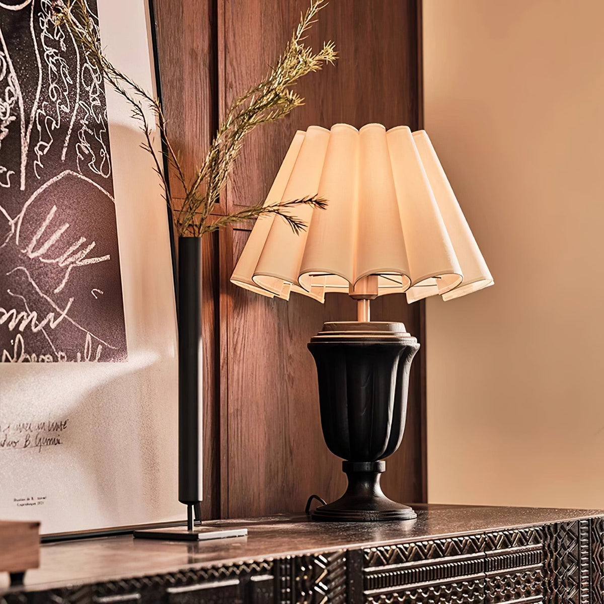 Vireo lámpara de mesa de madera y tejido