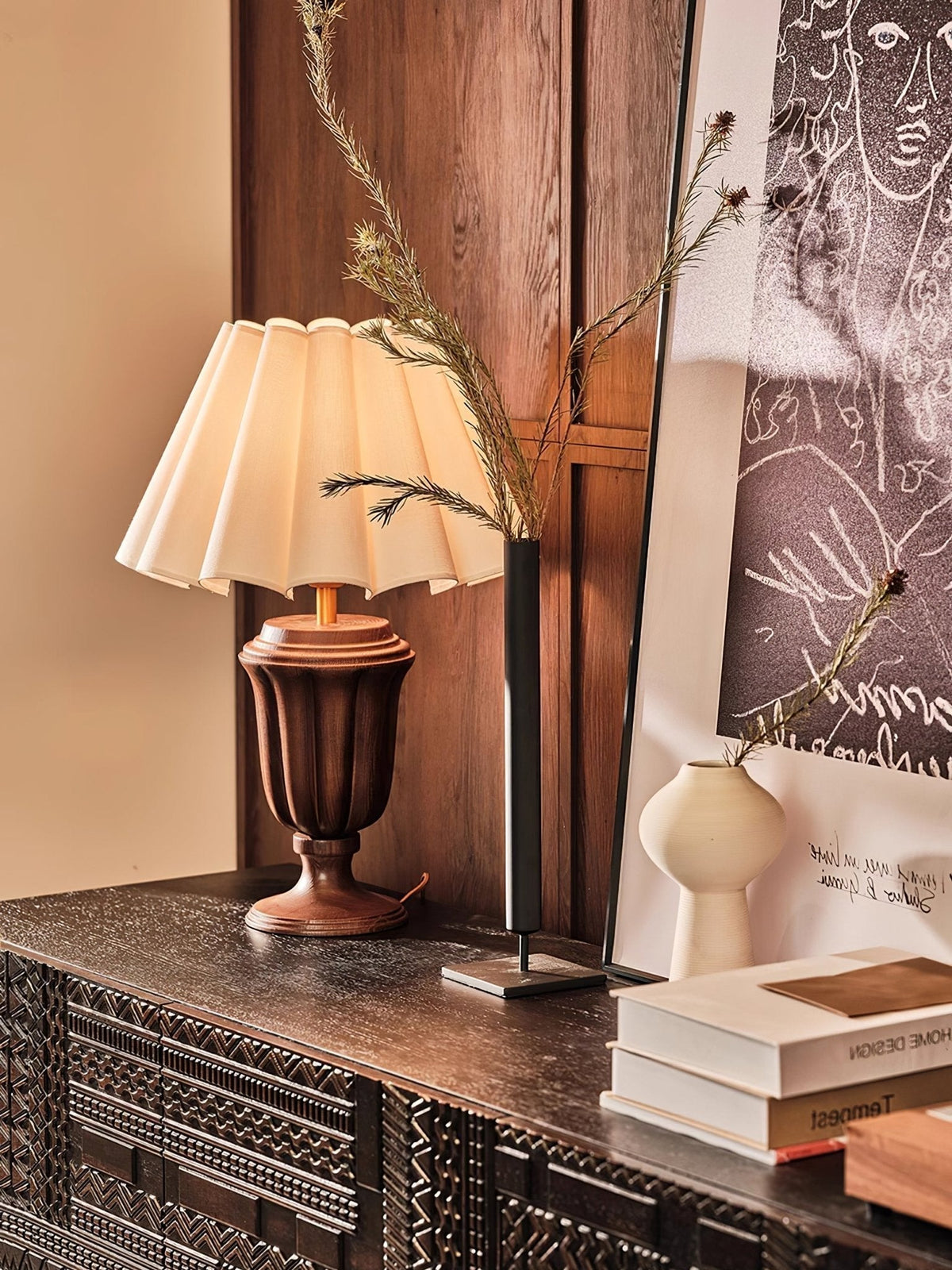 Vireo lámpara de mesa de madera y tejido