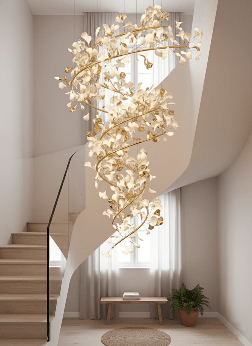 Gingko Ring lámpara de araña de cerámica para escalera de lujo