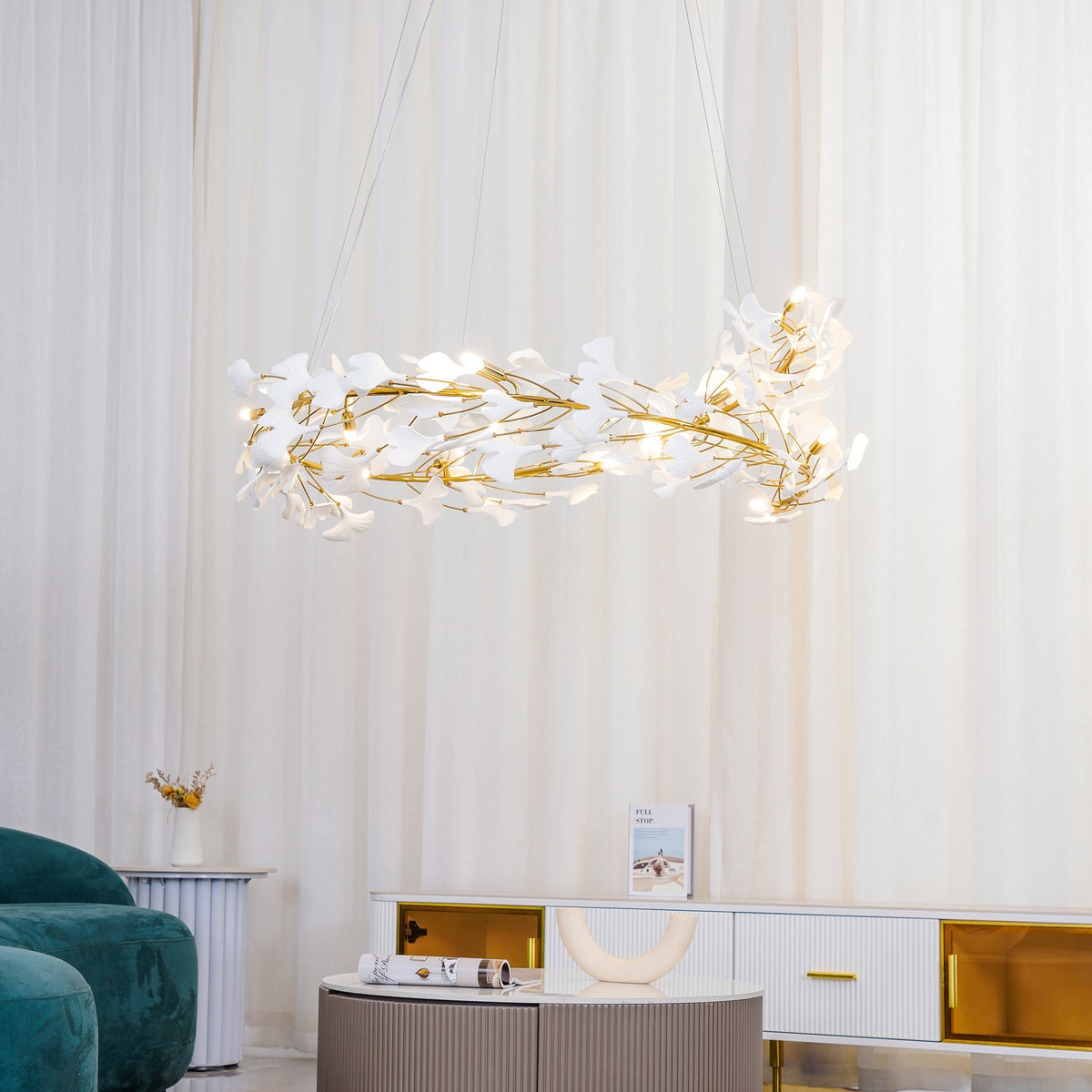 Umberis lámpara colgante Gingko Hojas de Porcelana dorada