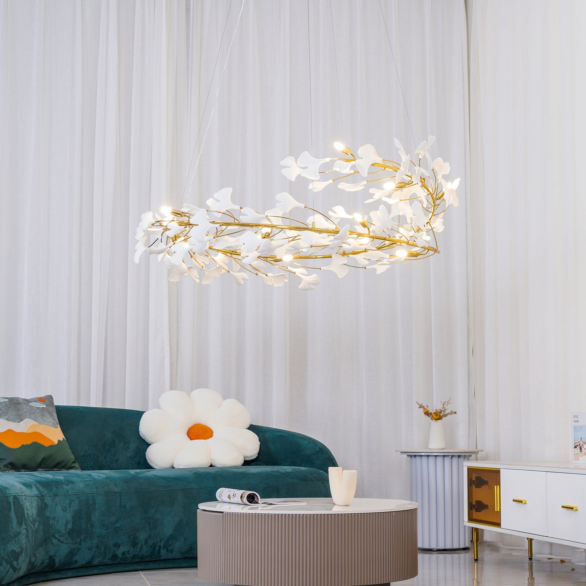 Umberis lámpara colgante Gingko Hojas de Porcelana dorada