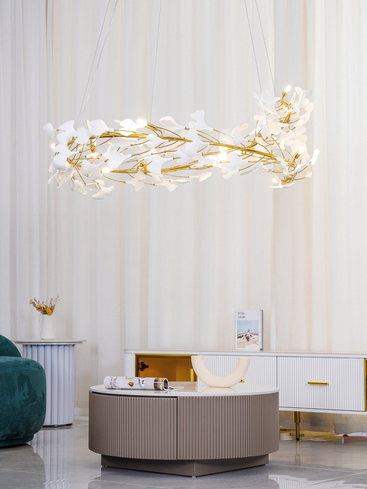 Umberis lámpara colgante Gingko Hojas de Porcelana dorada