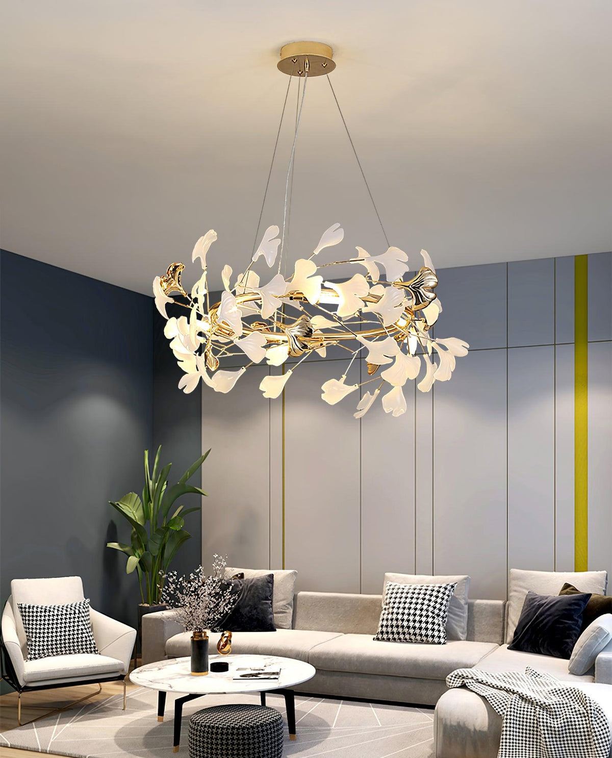 Umberis lámpara colgante Gingko Hojas de Porcelana dorada