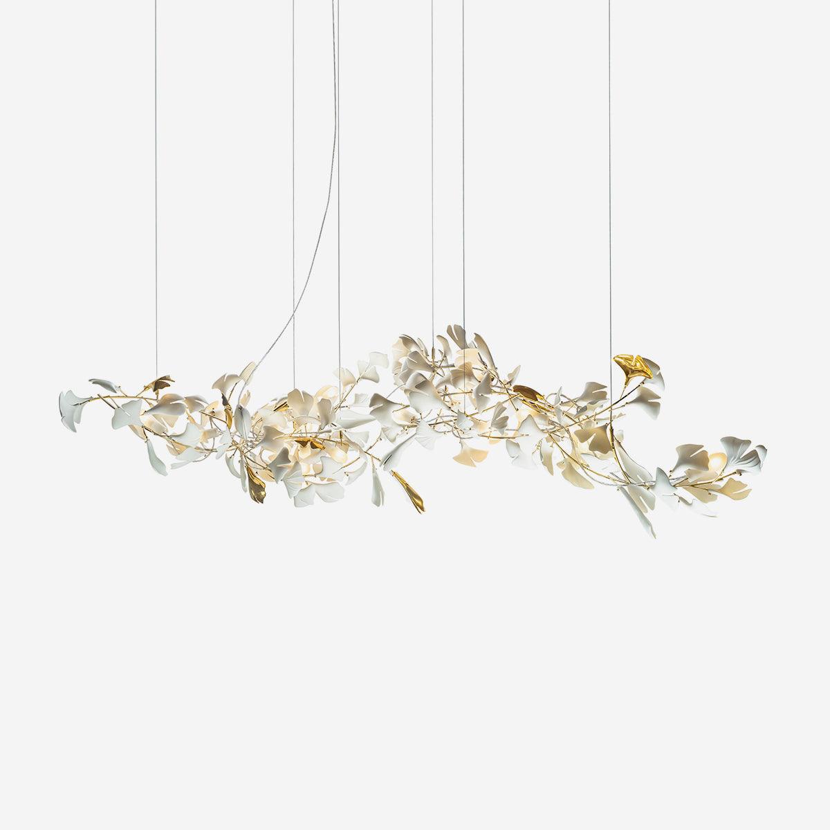 Calix lámpara de araña marco cerámica sombra hoja ginkgo blanco dorado moderno