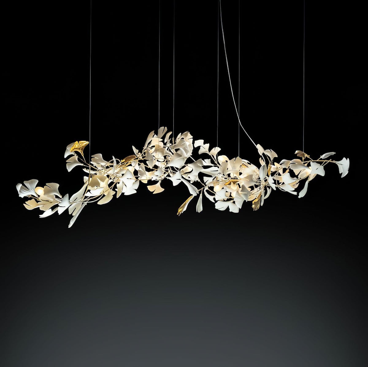 Calix lámpara de araña marco cerámica sombra hoja ginkgo blanco dorado moderno