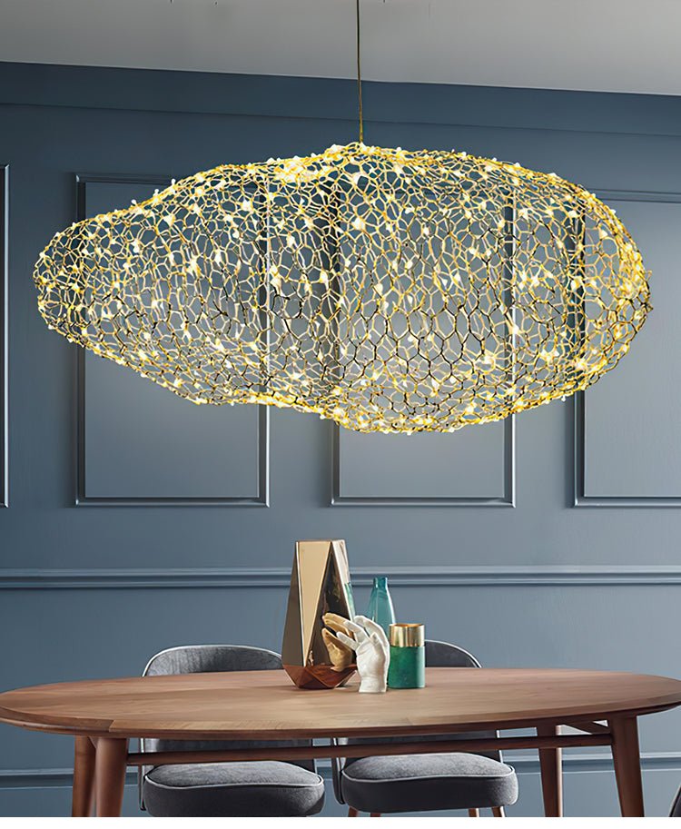 Rivelaine lámpara colgante Golden nube Weave en malla metálica dorada