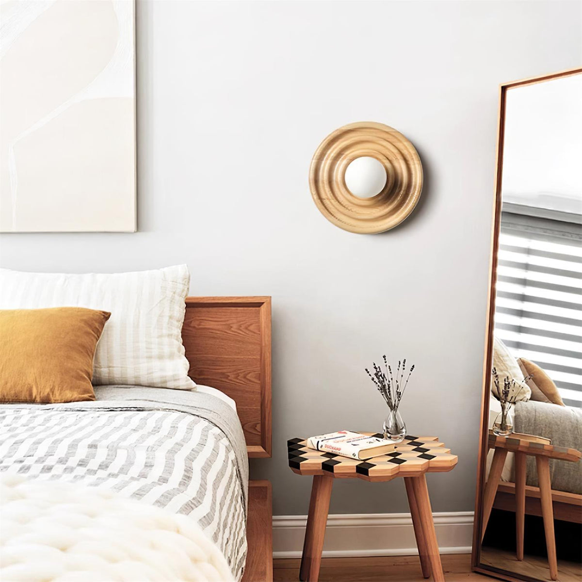 Aldinise aplique de pared efecto ondulado con cuerpo de madera de haya y cúpula de vidrio esfera