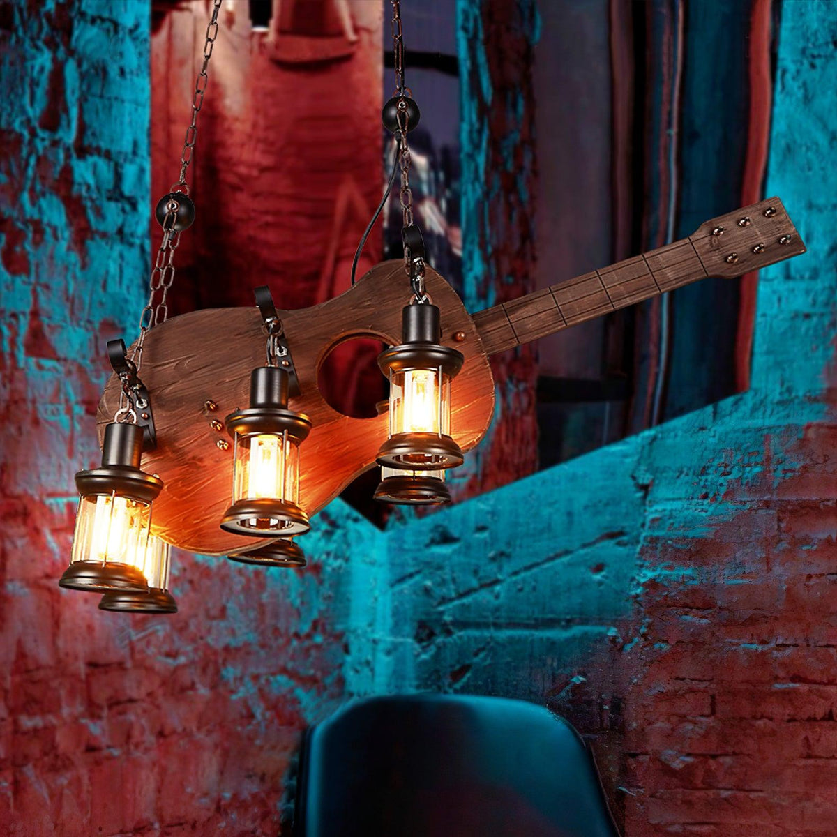 Elvisette lámpara colgante guitarra madera rústica vintage
