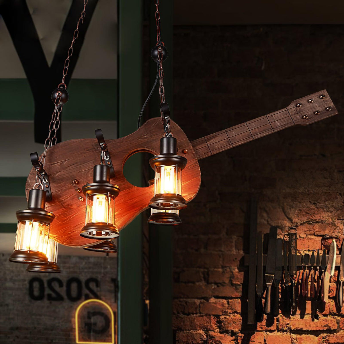 Elvisette lámpara colgante guitarra madera rústica vintage