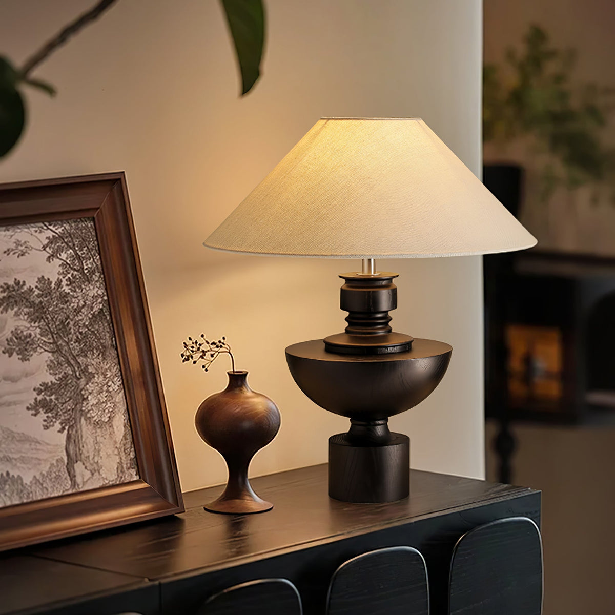 Dunell lámpara de mesa de madera y tejido vintage