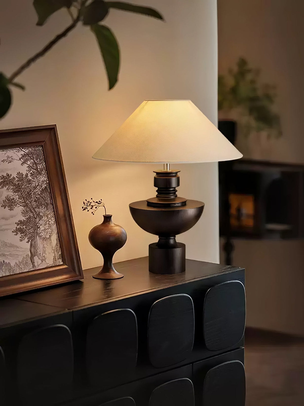 Dunell lámpara de mesa de madera y tejido vintage