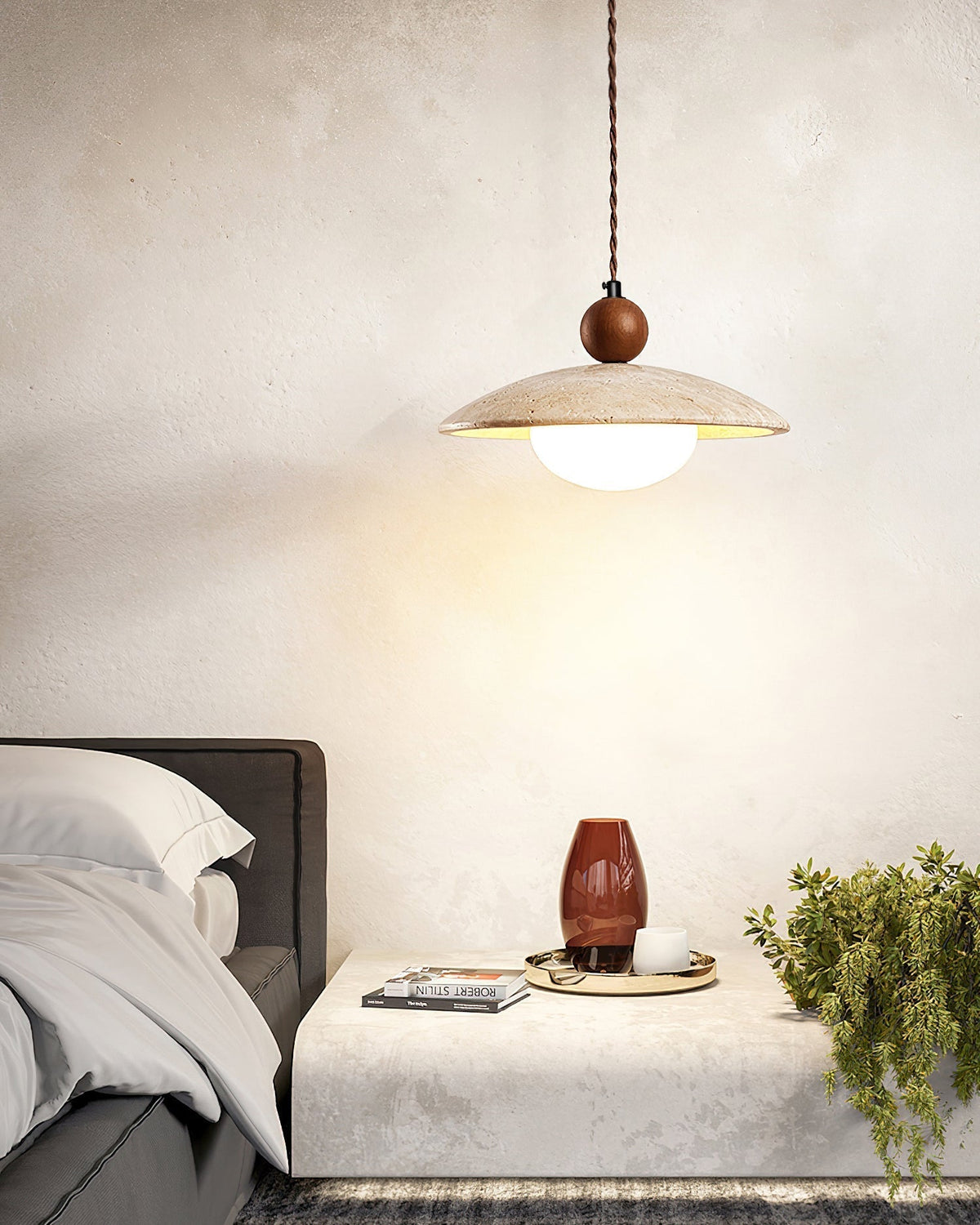 Travaro lámpara colgante de travertino con acento de madera