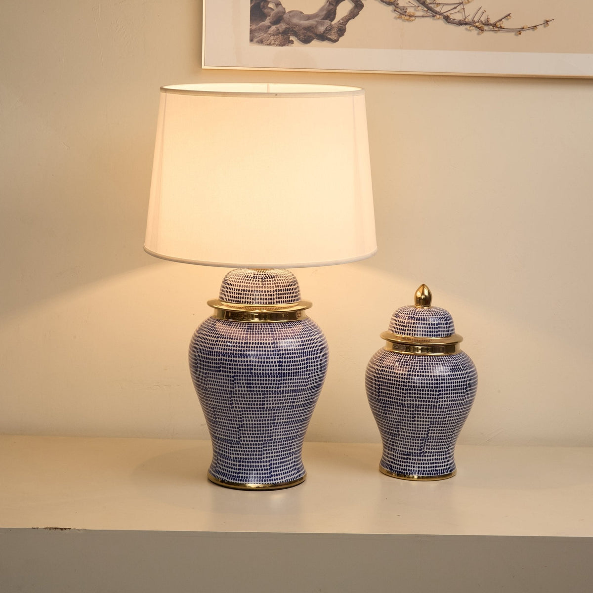 Indigo lámpara de mesa con patrón de puntos en cerámica