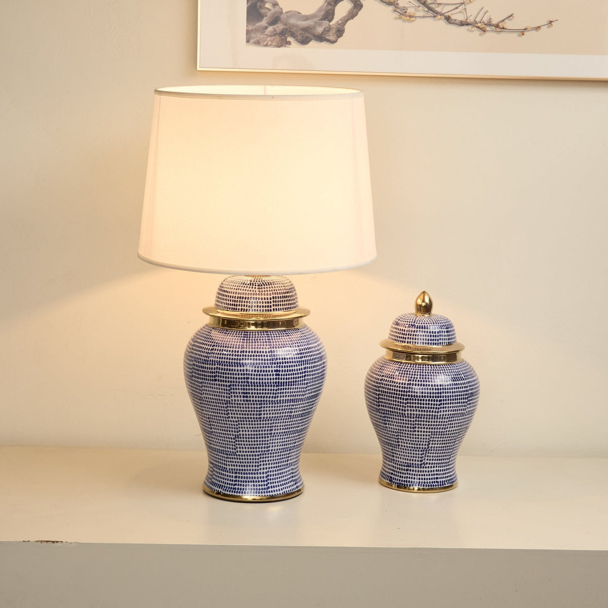 Indigo lámpara de mesa con patrón de puntos en cerámica