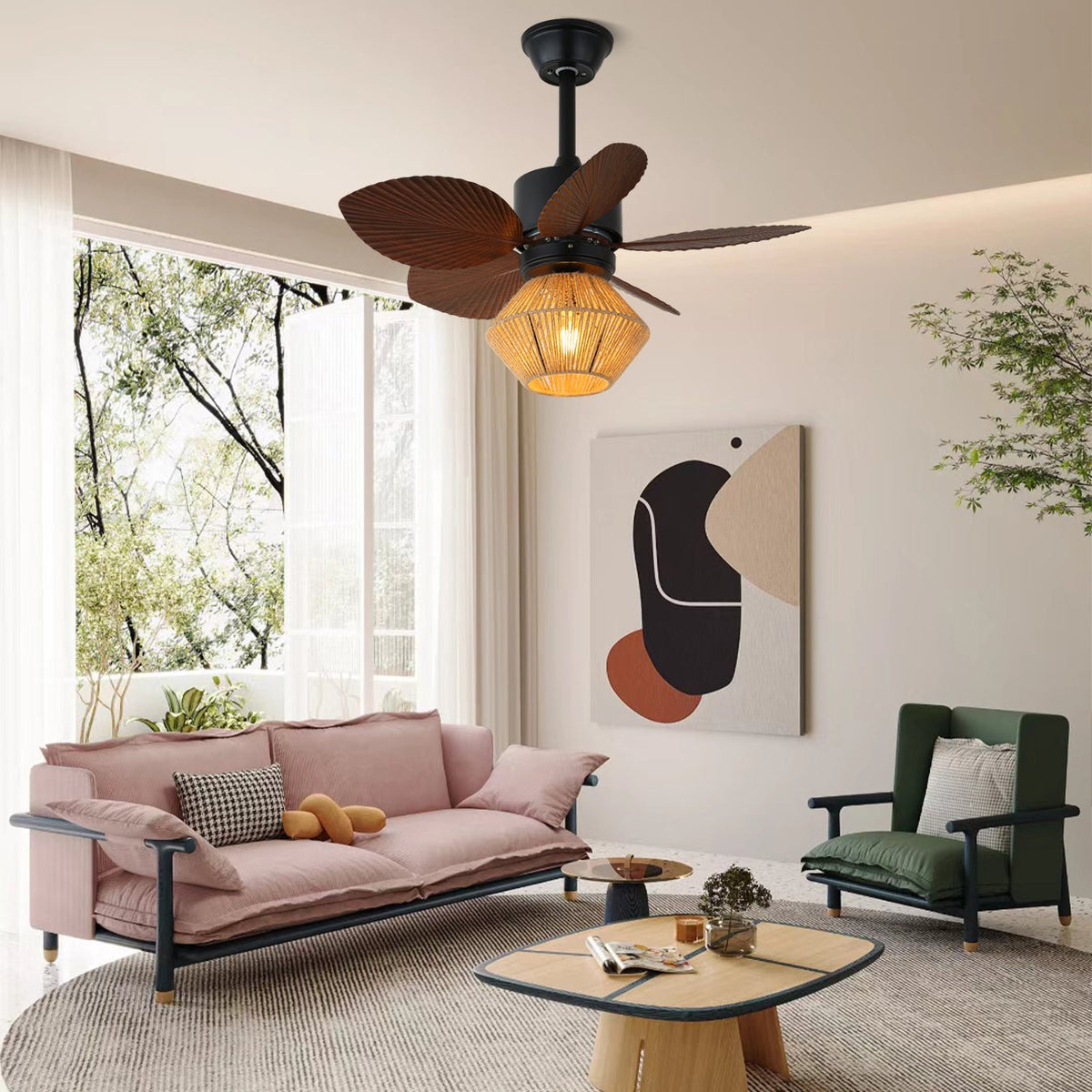Solaya ventilador de techo con luz Tropical de ratán