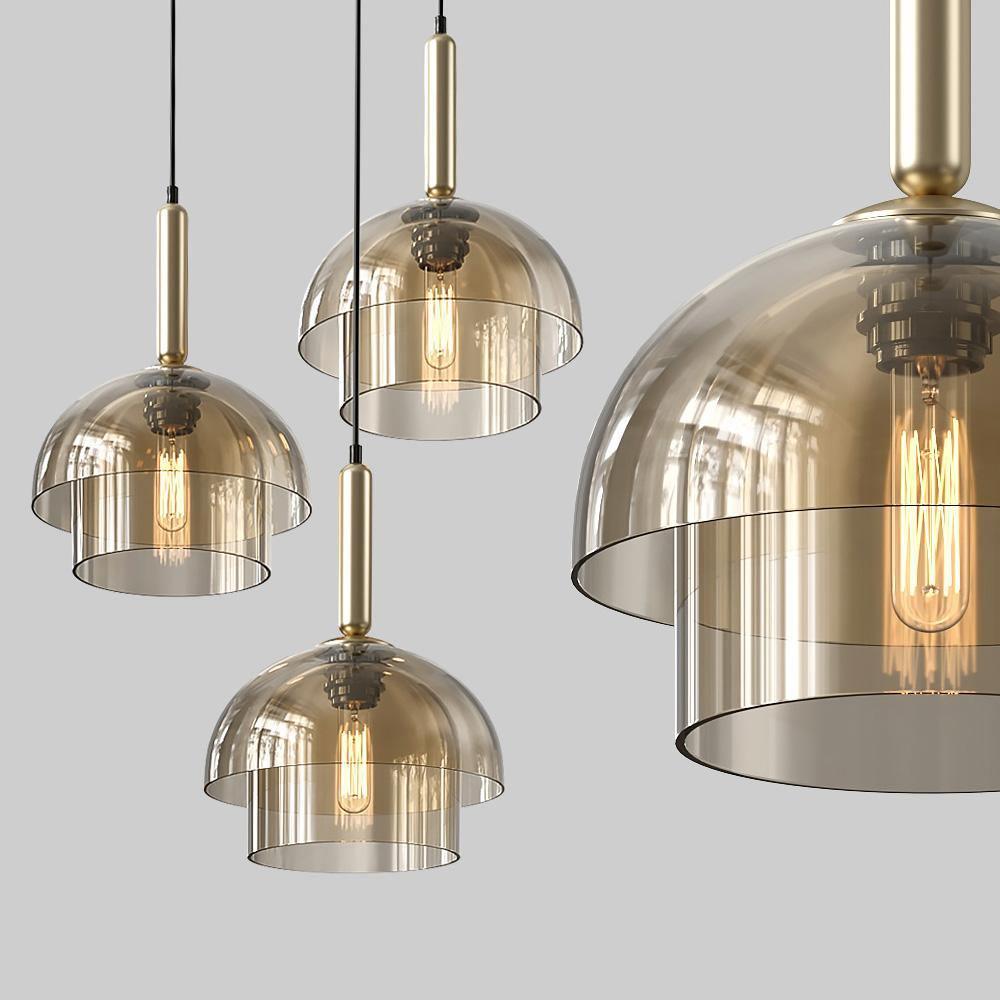 Renley lámpara colgante de cúpula en vidrio cognac y latón, estilo mid-century