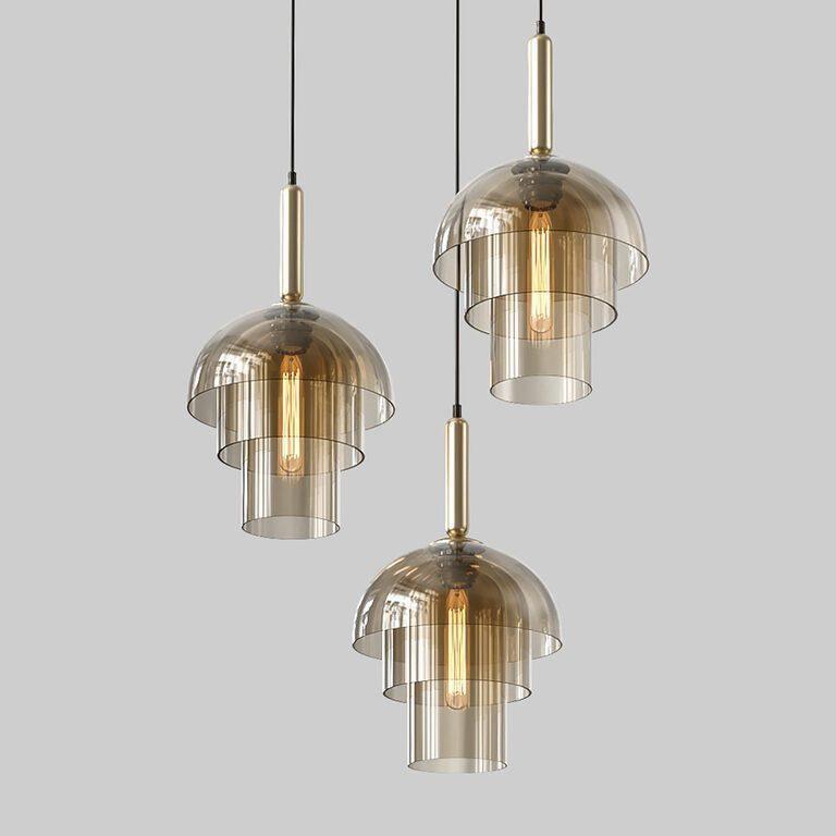 Renley lámpara colgante de cúpula en vidrio cognac y latón, estilo mid-century