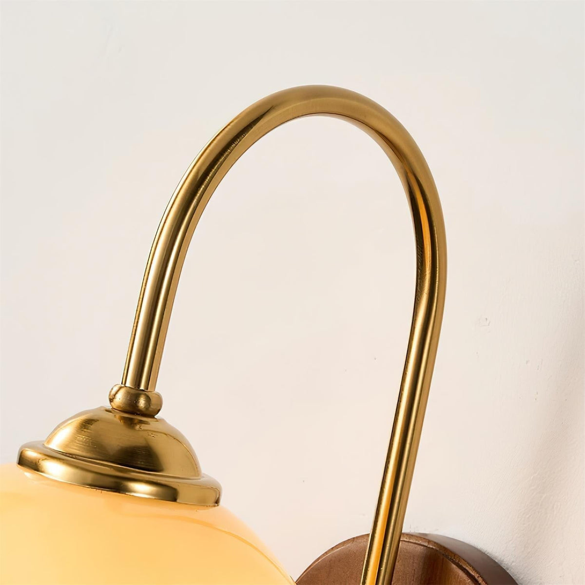 Aplique de pared de metal y vidrio con globo liso y placa trasera de madera