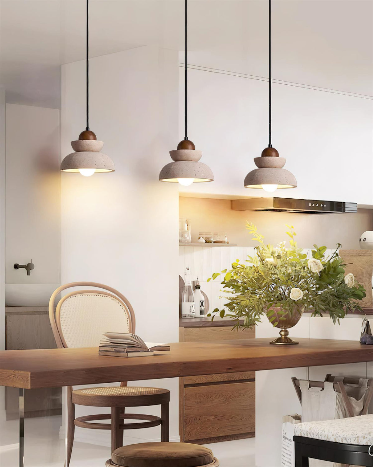 Lámpara colgante de travertino y madera moderna nórdica color nogal y beige